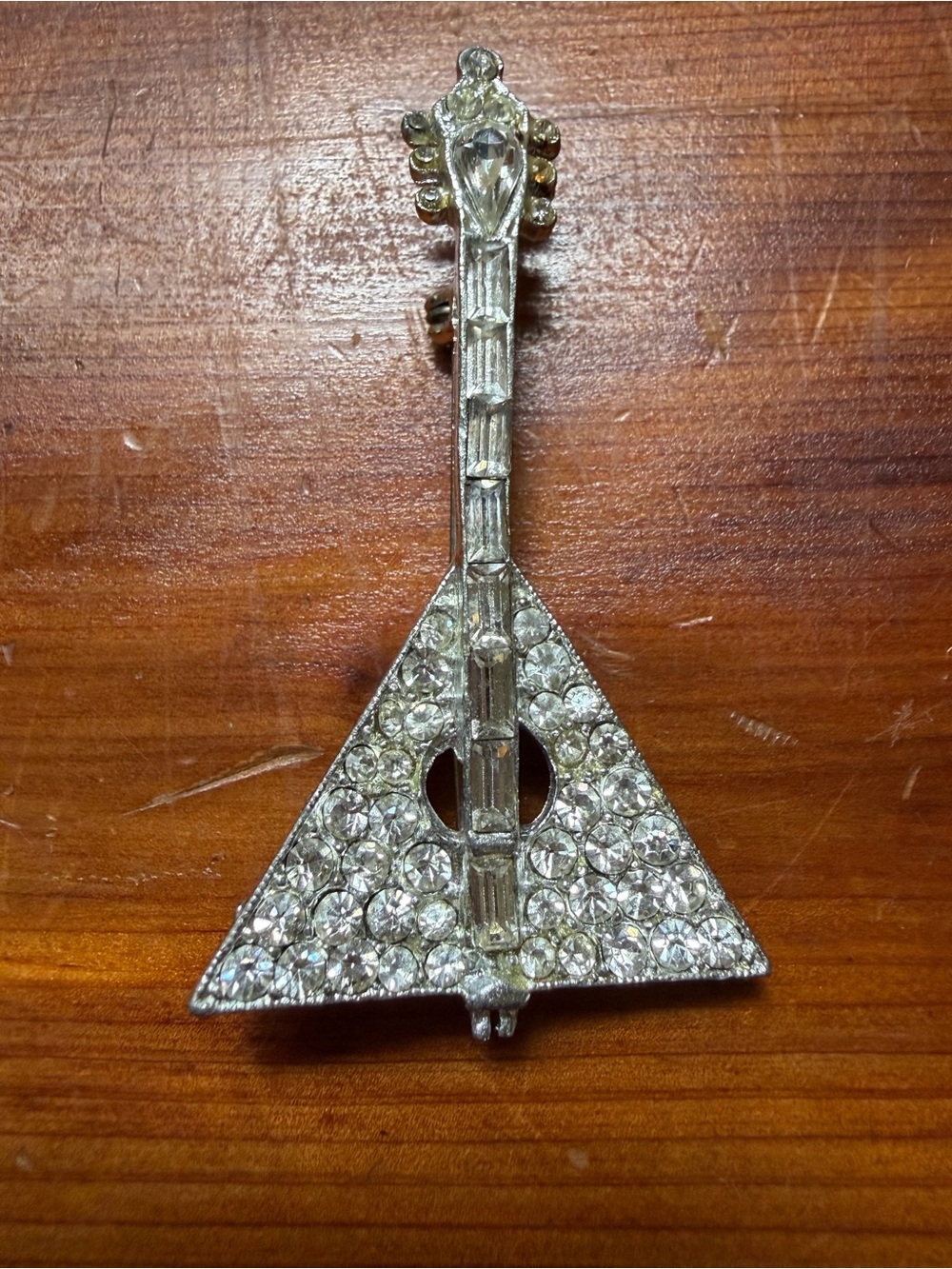 Rhinestone Triangle Balalaika Brooch - Clear Crystal Silver Tone